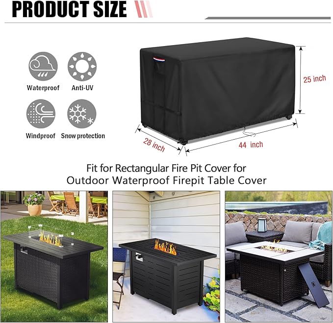 Youlvy Fire Pit Cover Rectangular 44 Inch - Waterproof Outdoor Fire Table Cover Rectangle Heavy Duty, 600D Patio Propane Gas Firepit Cover Rectangular Tear Weather Resistant - 44 x 28 x 25 Inch