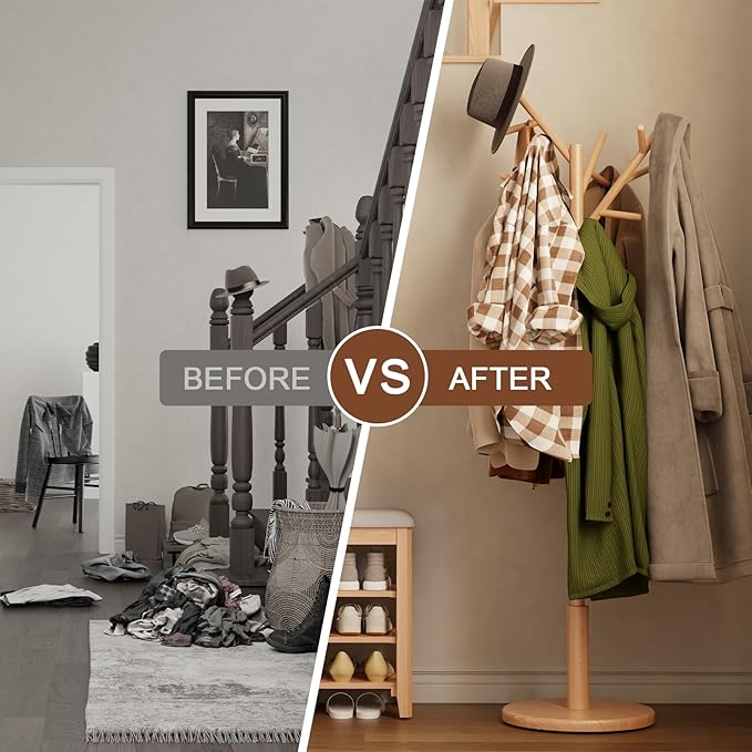 Coat Rack,Solid Wood Coat Rack Freestanding with 12 Hooks,Coat tree freestanding 3 Adjustable Heights for coat, Hats, Handbags，Coat Stand for Entryway,Bedroom (Natural)