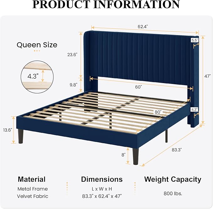 SHA CERLIN Queen Size Velvet Bed Frame with Vertical Channel Tufted Wingback Headboard, Upholstered Platform Bed with Wood Slats, No Box Spring Needed, Easy Assembly, Blue