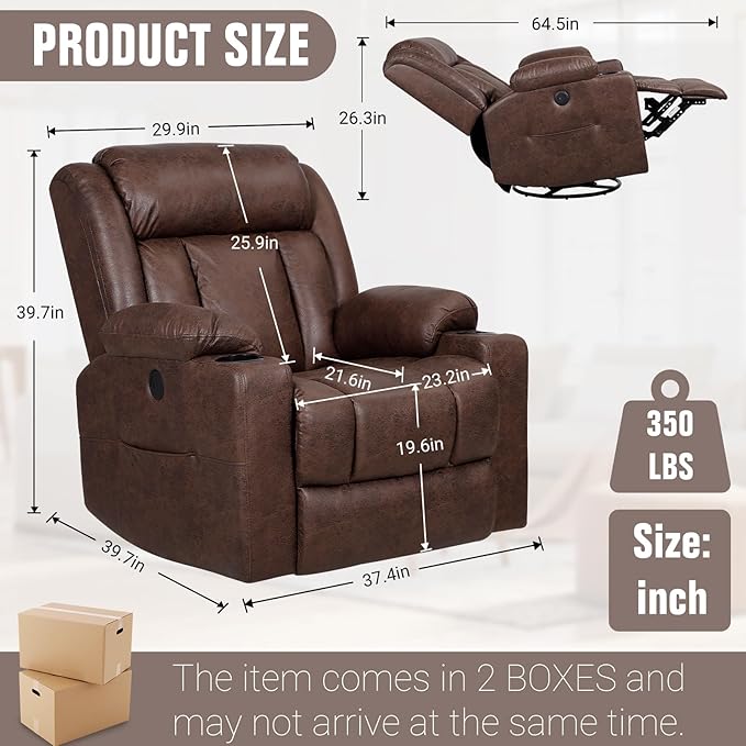 LEVELEVE Retro Rocking Recliner Chair, Massage Rocker Recliner Chair with Vibration Massage and Heat, USB and Type-C Ports,360° Swivel Chairs,Living Room, Bedroom, Nursery, RV, Brown