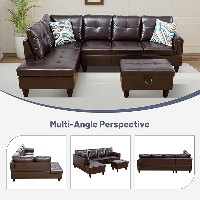 L-Shape 3-Piece Cloud Sofa, Couch for Living Room, Brown Faux Leather L-Shape with Reversible Chaise & Storage Ottoman, Ergonomic 110–115° Recline, Solid-Wood Frame