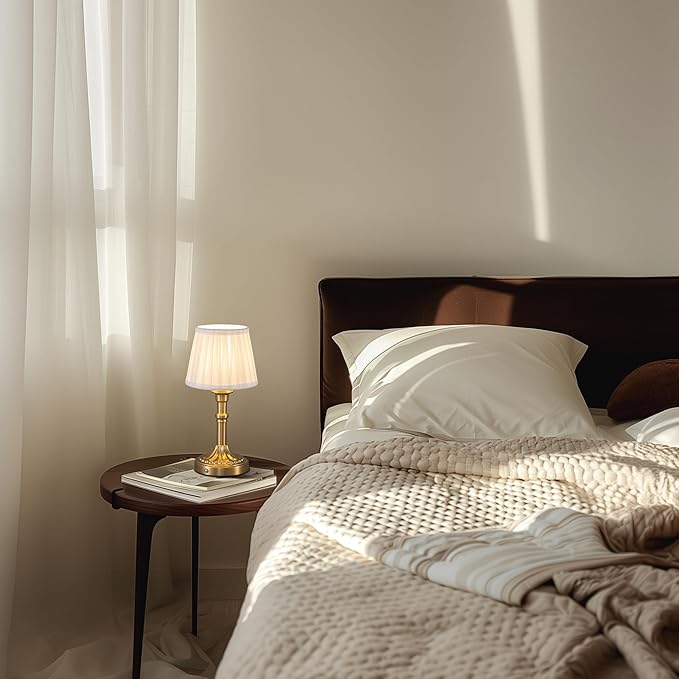 KDG Cordless Portables Table Lamp, LED Fabric Shade Small Desk Lamps, 4000mAh Battery Powered Lighting, 2700K Stepless Dimmable Light for Living Room, Dining Room, Bedroom, Bedside (Bronze)