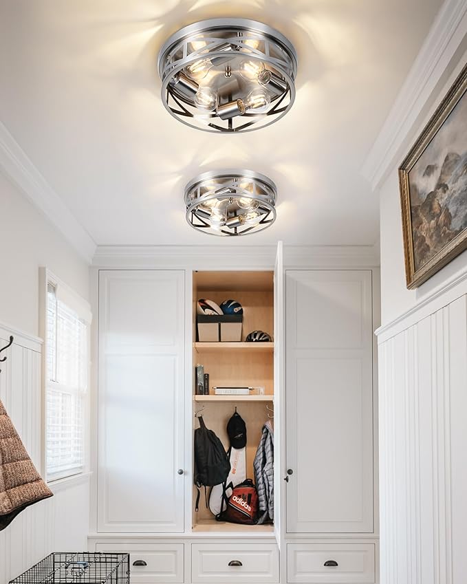 Brushed Nickel Flush Mount Ceiling Light Fixtures,4-Light Modern Hallway Light Fixtures Ceiling, Brushed Nickel Light Fixture Ceiling Mount for Farmhouse,Kitchen, Bedroom 2 Pack