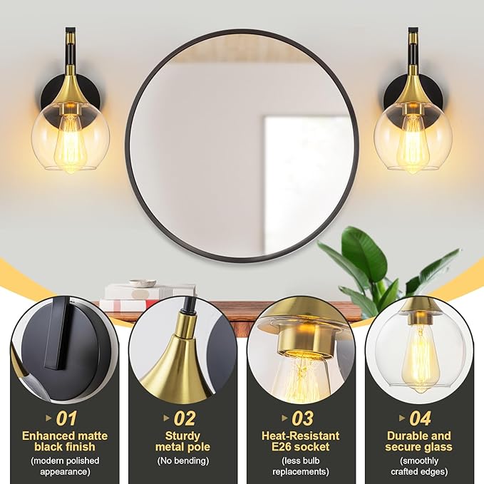 Black and Gold Wall Sconces Set of Two, Modern Wall Sconce Light with Clear Glass Shade,Indoor Wall Light Fixture Wall Lamps for Bedroom, Hallway, Bathroom