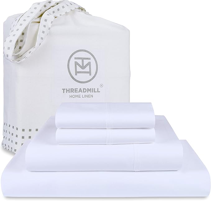 Threadmill 100% Cotton Hypoallergenic/Breathable/Stain-Resistant, 500 Thread Count, Solid 4-Piece Bed Sheet Set (1 Flat, 1 Fitted Sheet, 2 Pillow Covers), Queen White Sheets Set
