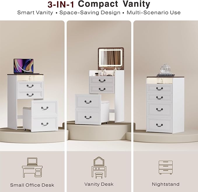 Lvifur 3 in 1 Vanity Desk with Flip Top Mirror and 3 Color Lights,Small Compact Vanity with Charging Station,Glass Top Makeup Vanity with 3 Drawers,Rolling Cushioned Stool