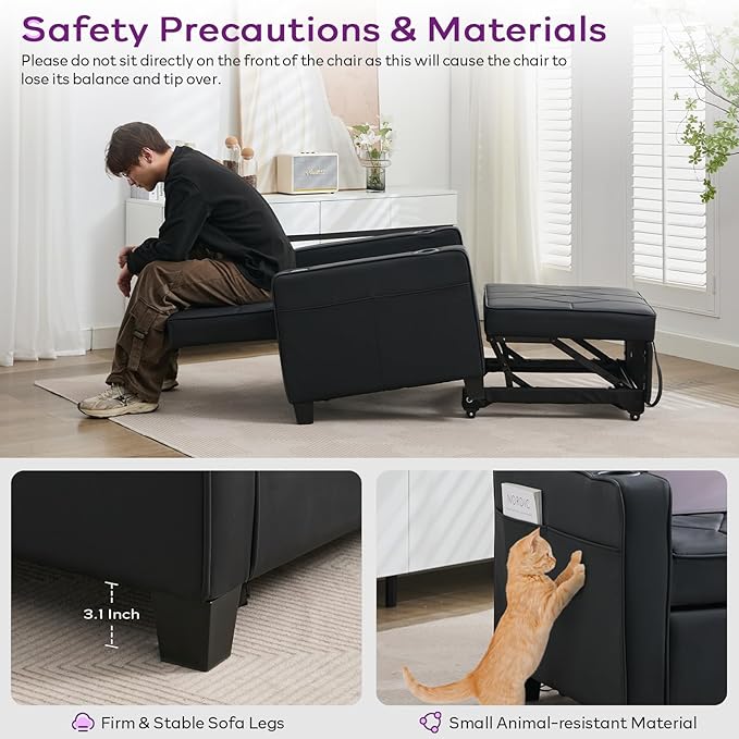 TYBOATLE Leather Convertible Sleeper Chair Bed for Adults, 3-in-1 Pull Out Sofa Chair Bed with USB/Type-C Ports, Cup Holders, Side Pockets, Single Sofa for Living Room, Bedroom, Office (Black)