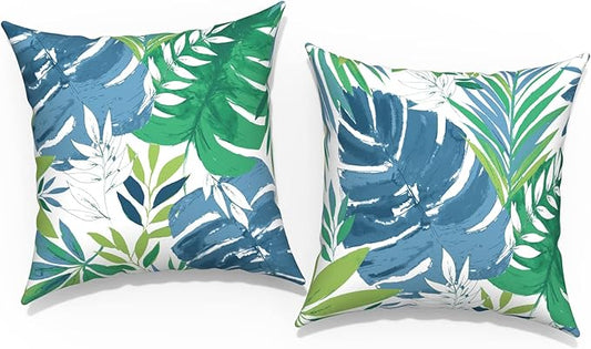 Outdoor Throw Pillow Covers 18”x18”, Decorative Pillow Covers for Patio Furniture, Modern Cushion Cases for Garden Couch Home Sofa Bed Office Chair, Pack of 2, Islamorada Blue Green