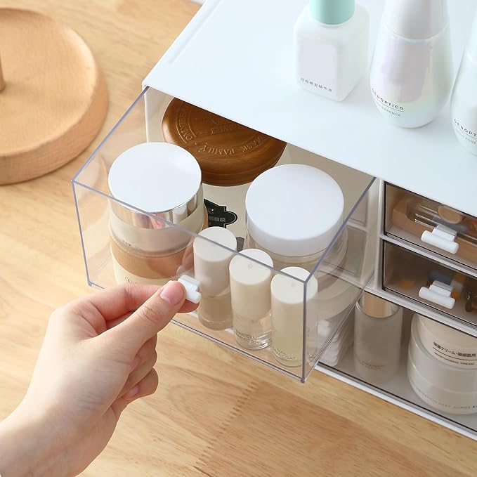 Desk Organizer with 4 Drawers, Makeup Organizer, Plastic Sundries Storage, Vanity Organizer, Cosmetic Storage Organizer, Desk Storage Box, Bathroom Counter or Dresser, White (CD-QBH-01)