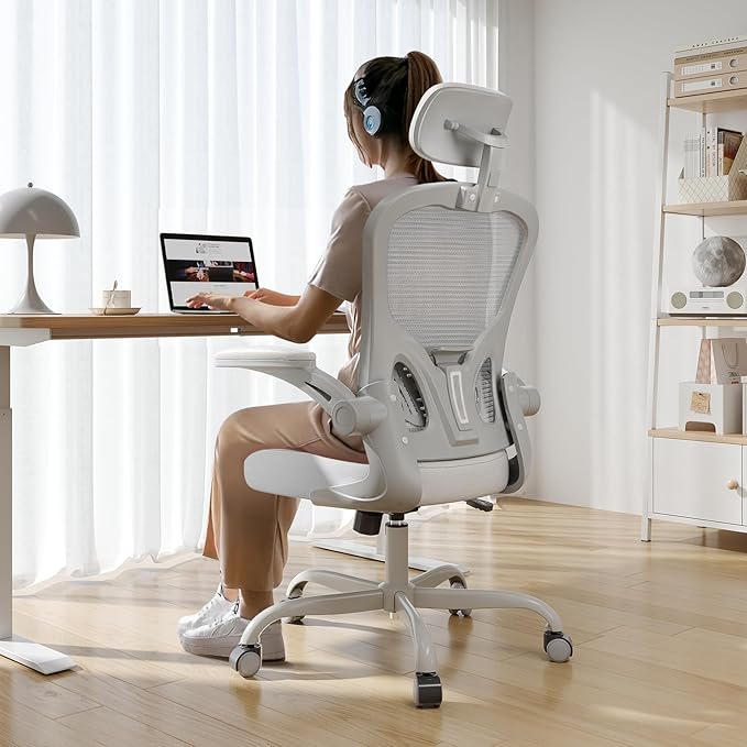 Office Chair Ergonomic Desk Chair, 330LBS Capacity, High Back Computer Chair for Long Hours Comfortable, Rolling Swivel Executive Task Chair for Home Office with Flip-up Armrests（Grey）