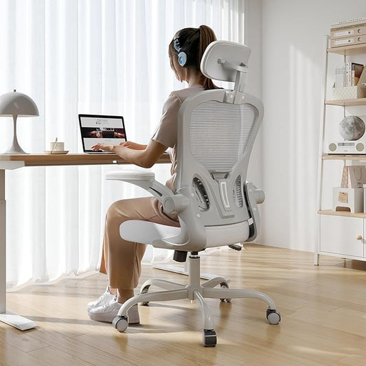 Office Chair Ergonomic Desk Chair, 330LBS Capacity, High Back Computer Chair for Long Hours Comfortable, Rolling Swivel Executive Task Chair for Home Office with Flip-up Armrests（Grey）