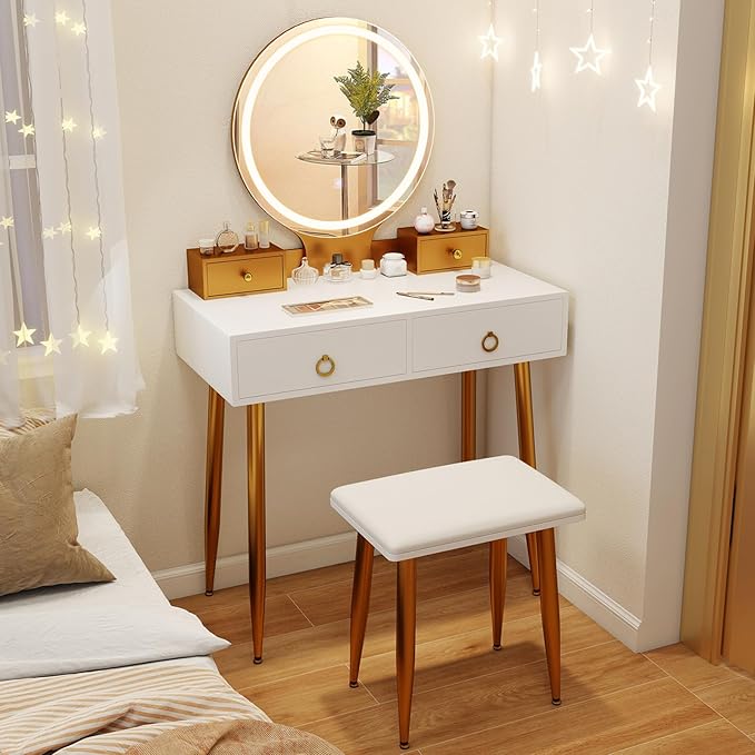 CHARMAID Vanity Desk with Mirror and Lights, Makeup Vanity with 4 Storage Drawers, 3 Lighting Modes, Adjustable Brightness, Modern Vanity Dressing Table with Stool for Bedroom, White & Gold