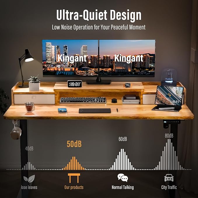 Kingant 55" x 30" Standing Desk with Drawers, Large Desktop, Ergonomic Sit Stand Desk for Home Office Work, Cable Management, 3 Preset Heights & 2 Hooks, Light Rustic