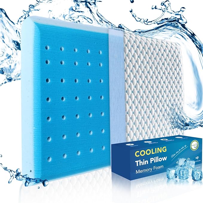 Cooling Gel Flat Pillow for Stomach and Back Sleepers,MAX Cool++ for Back Stomach Sleepers, Ultra Thin Pillow 2.75" H,Flat Pillows for Sleeping Thin Memory Foam Pillows with Washable Cover