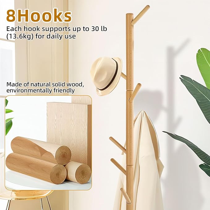 Coat Rack Freestanding with Stable Square Base for Cloathes, Hat, Used in Bedroom, Office and Entryway, Sturdy and Easy Assembly Coat Tree with 3 Adjustable Sizes and 8 Hooks, Natural