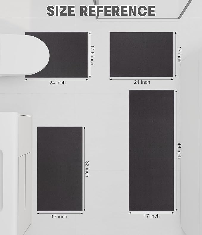 YIHOUSE Bathroom Rug Sets 4 Piece, Ultra Thin Bath Mat Fit Under Door, Quick Dry Absorbent Bath Mat for Bathroom Non Slip Machine Washable Floor Mat (Dark Grey, 4 Piece)