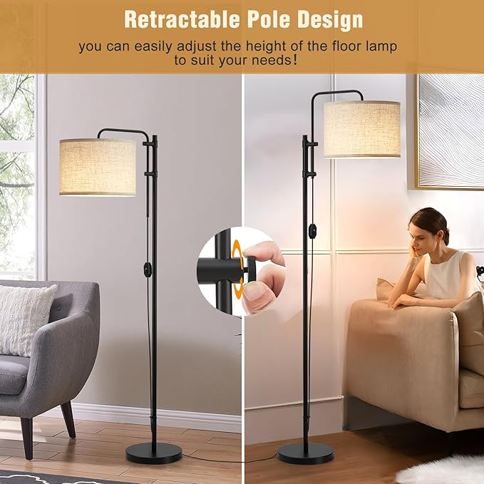 GyroVu Floor Lamp for Living Room, Adjustable Height Standing Lamps with 350° Rotate Beige Lampshade, 67.5-Inch Modern Tall Lamp Dimmable Floor Lamps for Corner Bedroom Home Office (Bulb Included)