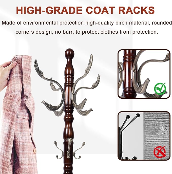 Coat Racks Freestanding, Natural Wood Coat Stands with 14 Hooks, 73" Heavy Duty Adjustable Height Vintage Hall Tree for Entryway, Bedroom, Office, Easy Assembly (Fenghuang Gou)