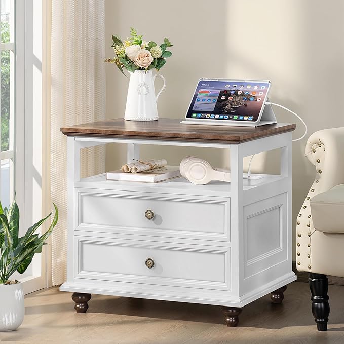 Farmhouse Nightstand Set of 2 with Charging Station, 24" Wide End Table with 2 Drawers,Dresser for Bedroom,Bed Side Table Chest of Drawers Cabinet,Wood White Night Stand for Living Room