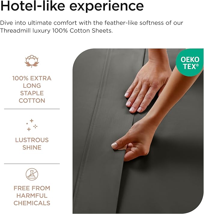 Threadmill Luxury 800 Thread Count California King 100% Cotton Sheets - Dark Grey Sateen Weave Bed-Sheets, Better Than Egyptian Cotton,4 Pc Solid Bedding Set, Fits 16" Deep Pocket