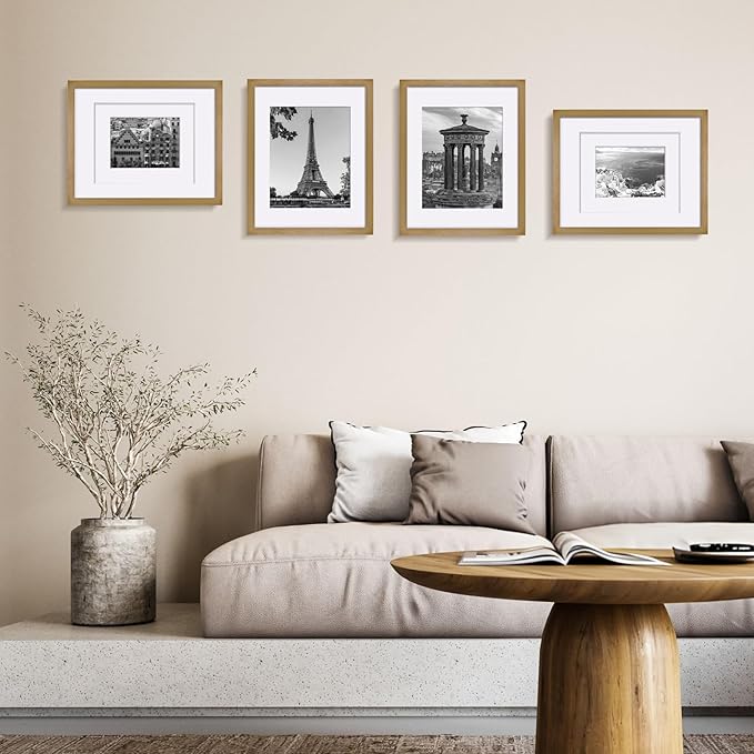 Egofine 11x14 Picture Frame Made of Solid Wood with Plexiglass, Display Pictures 5x7/8x10 with Mat or 11x14 Without Mat, for Table Top and Wall Mounting Photo Frame, Light Brown