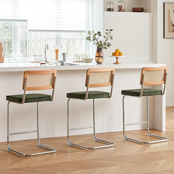 Natural Rattan Bar Stools Set of 3 with Solid Wood Back, 29 Inch Mid Century Modern Counter Height Stools, Green Upholstery Boho Stool for Kitchen Counter with Chrome Metal Legs