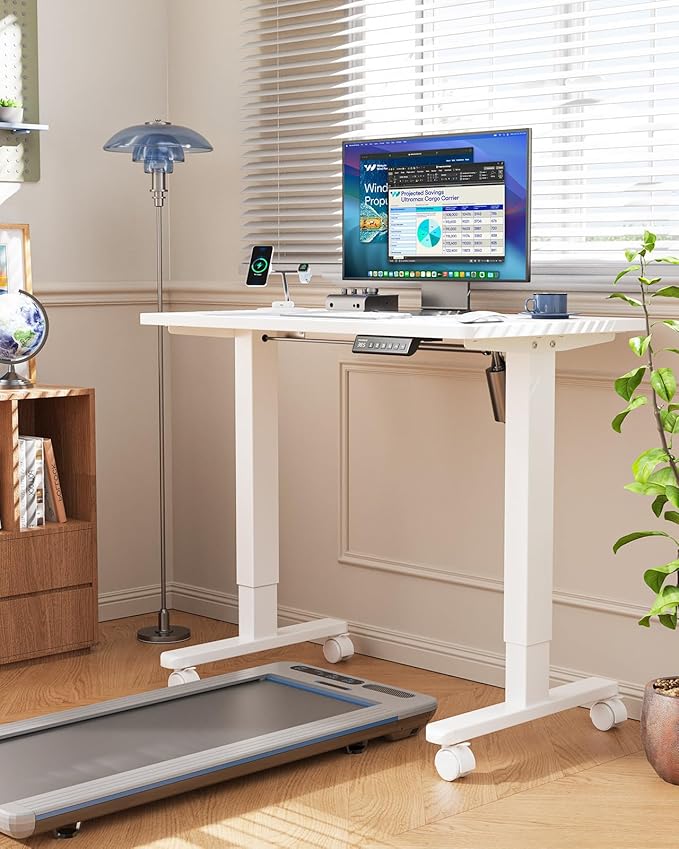 HUANUO Electric Small Standing Desk, 35" x 24" Whole Piece Desktop, Adjustable Height Computer Desk, 4 Height Memory Settings, Sit Stand Up Desk for Home Office, White