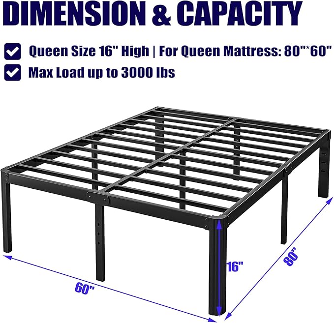 16" High Queen Bed Frame No Box Spring Needed, Heavy Duty Metal Platform Bed Frame Queen Size with Round Corners, Easy Assembly, Noise Free, Black