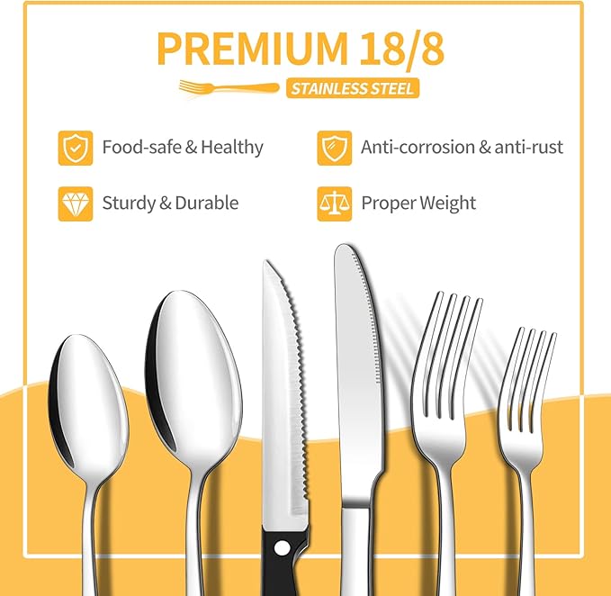 ENLOY 24 Pieces Silverware Set with Steak Knives, Stainless Steel Flatware Cutlery, Include Knife Fork Spoon, Mirror Polished, Dishwasher Safe, Service for 4