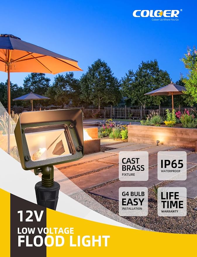 COLOER Brass Rectangular Flood Lights 12-Pack with 4W 2700K LED G4 Bulb, 12V Low Voltage Landscape Floodlights for Outside, Outdoor Wall Lights Illuminating Signs, Walls and Tree