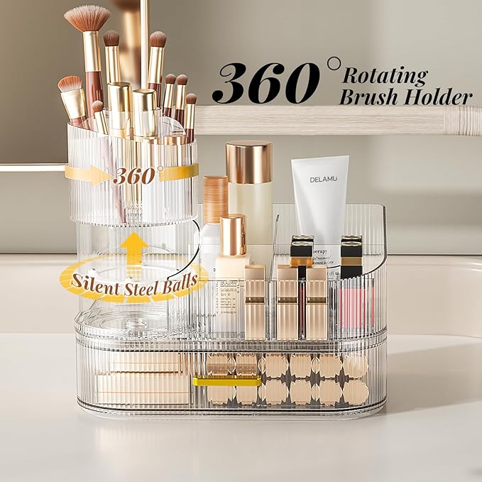 Delamu Makeup Organizer for Vanity with Stackable Drawers, 360 Rotating Makeup Brush Holder Large Cosmetic Display Case for Dresser, Bathroom Countertop Skincare Organizers and Storage, Crystal Clear