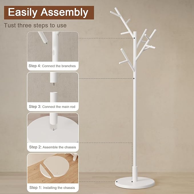 Coat Rack, Solid Wood Coat Rack Freestanding with 12 Hooks, Coat tree freestanding 3 Adjustable Heights for coat, Hats, Handbags，Coat Stand for Entryway,Bedroom (White)