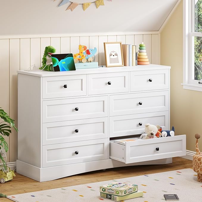 Hasuit White Dresser for Bedroom with 9 Drawers, 51.2" Large Drawer Dressers with Charging Station, Wide Farmhouse Dressers Chest of Drawers, Wooden Storage Tower Organizer, Dresser for Bedroom Closet