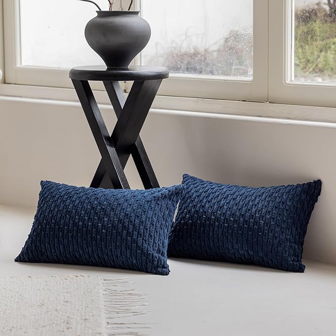 Kevin Textile Set of 2 Pillow Covers Solid Supersoft Corduroy Handmade Decorative Velvet Throw Pillow Cushion Cover for Bed 12x20 Inch Navy Blue