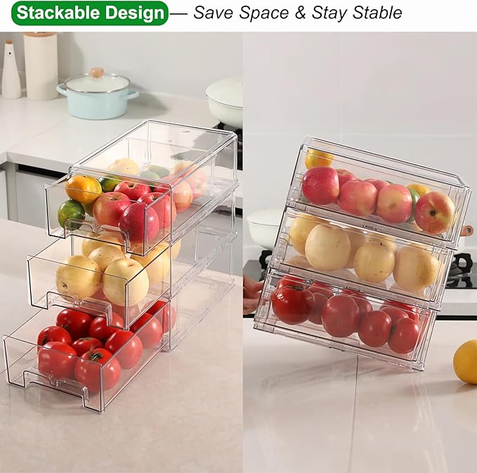 Taiuloo 2 Pack Stackable Refrigerator Organizer Bins with Pull-Out Drawer, Clear BPA-Free Food Storage Containers for Fridge Freezer, Kitchen Pantry Cabinet & Bathroom Vanity Organization