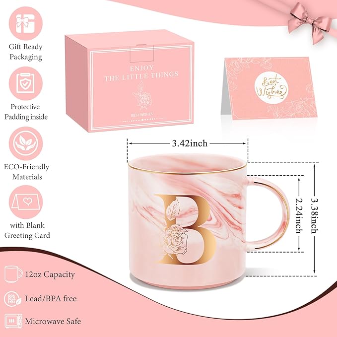 Personalized Gifts for Women Coffee Mug, Initial Customized Gift Monogrammed A-Z Coffee Mug 12 OZ, Christmas Anniversary Birthday Gifts for Women Mom Grandma Friend Sister Wife (B)