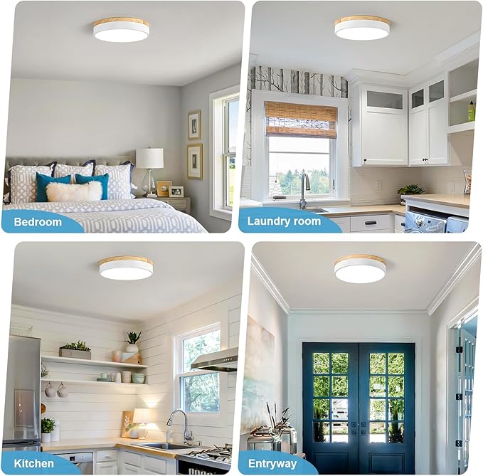 Dimmable Wood LED Ceiling Light Fixture, 5CCT 2700K-6000K Modern White Flush Mount Ceiling Lighting, Minimalist Round Ceiling Lamp for Bedroom, Kitchen, Laundry Room, Hallway, 11.81in