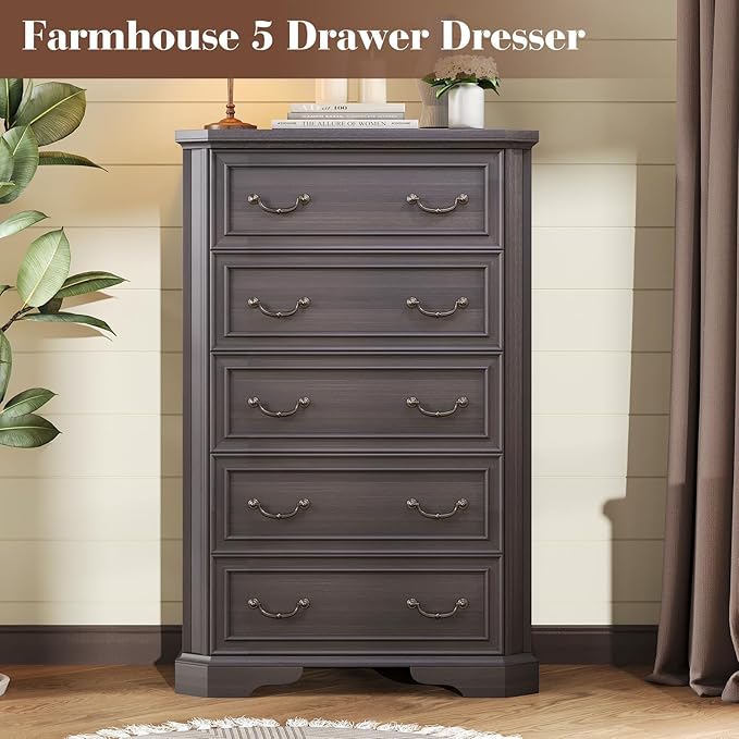 Farmhouse 48" Tall 5 Drawers Dresser for Bedroom, Wood Rustic Chest of Drawers with Corner Bevel Shape, Closet Storage Dressers Organizer for Bedroom, Living Room, Hallway, Dark Brown