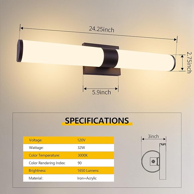 Kalium 24in Modern Wall Sconces, Dimmable Bathroom Vanity Lights, 3000K Warm White LED Indoor Sconces Lighting for Bathroom, Stairs, Living Room, Bedroom. Hardwired.