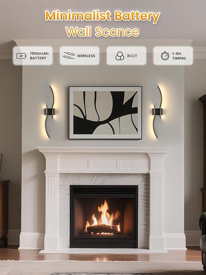 NIORSUN 27.6 Inch Battery Operated Wall Sconce Set of 2, Black Modern Rechargeable Wall Lights with Remote, 3CCT Dimmable Wireless Wall Lamp for Living Room Bedroom Hallway