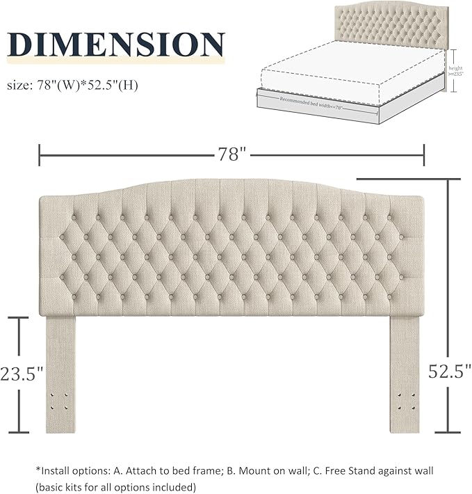 King Headboard Only, Upholstered Headboard King Size for Adjustable Bed Linen Tufted Wall Mounted Head Board with Solid Wood Legs, Ivory
