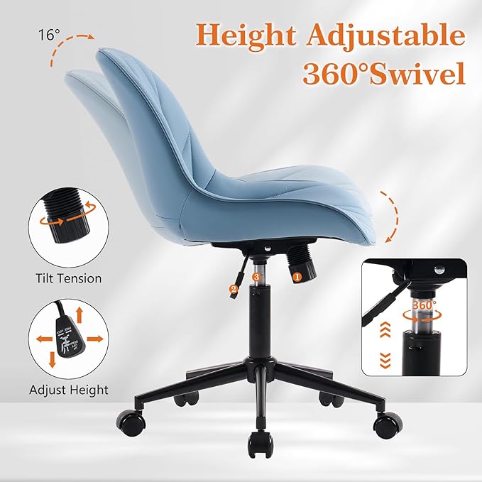 Rowill Modern Office Chair - Ergonomic Swivel Leather Desk Chair with Curved Backrest, Height Adjustable Rolling with Wheels, Perfect for Study Room & Office, Blue