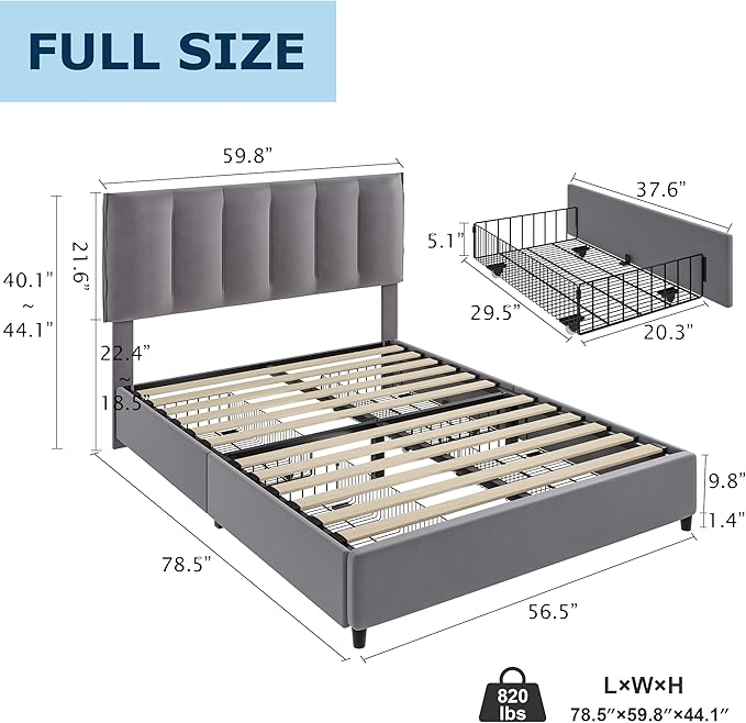 VECELO Full Size Bed Frame with 4 Storage Drawers, Adjustable Height Headboard, Heavy-Duty Platform Bedframe with Strong Wooden Slats, No Box Spring Needed, Dark Grey