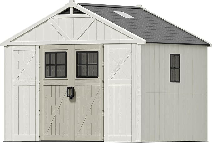 Patiowell 10 x 8 FT Outdoor Storage Shed, Plastic Shed with Floor and Skylight, Resin Storage Shed with Four-Window and Lockable Door for Garden, Patio, Backyard, Beige