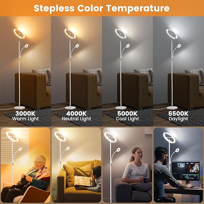 White LED Floor Lamp - Dimmable 2 Lights Standing Lamp with Remote&Touch Control, 4 Color& 10 Brighness Adjustable Floor Reading Light, Modern Tall Lamp for Living Room Bedroom Office Corner