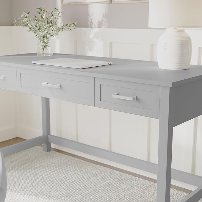 Martha Stewart Hutton Shaker Style Home Office Desk with 3 Drawers in Gray with Brushed Nickel Hardware