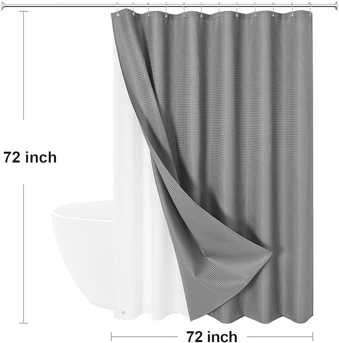 3 in 1 Shower Curtain Set, Grey Waffle Shower Curtain and PEVA Liner Set with 12 Stainless Steel Shower Curtain Hooks, Gray Waterproof Fabric Shower Curtains for Bathroom, 72 W x 72 H