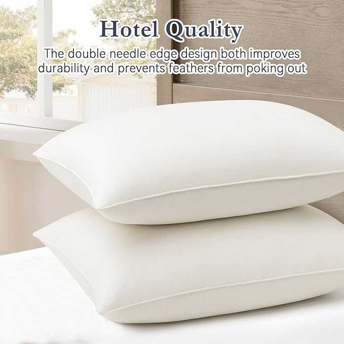 puredown® Goose Feather Down Pillows, 100% Organic Cotton Cover, Luxury Hotel Collection Bed Pillows for Sleeping Set of 2, Queen Size