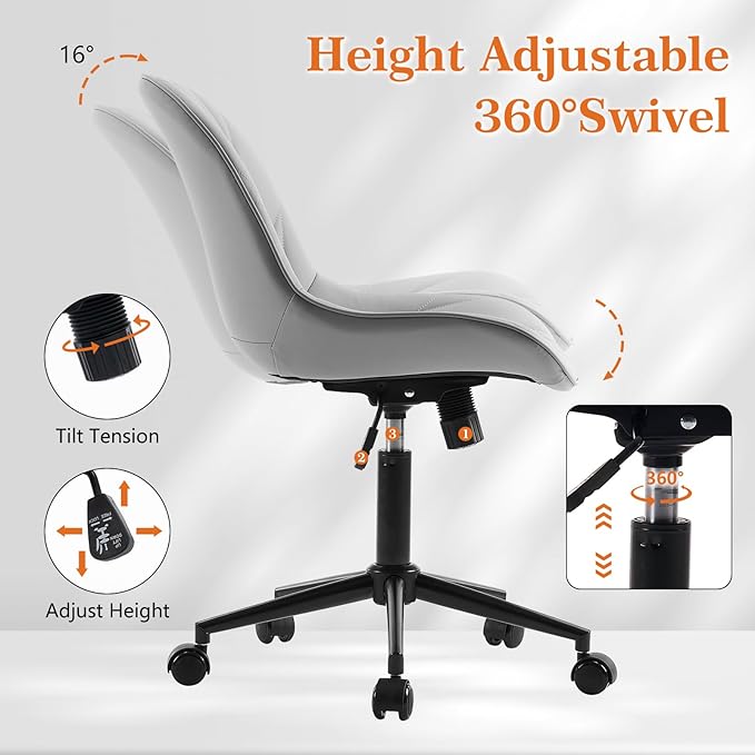 Rowill Modern Office Chair - Ergonomic Swivel Leather Desk Chair with Curved Backrest, Height Adjustable Rolling with Wheels, Perfect for Study Room & Office, Gray