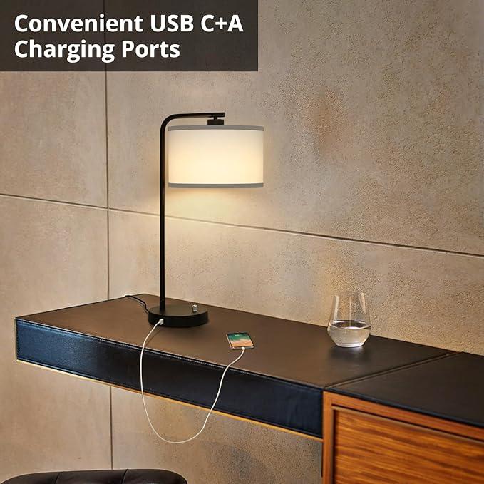 Table Lamp for Bedroom with USB C+A Ports, Fully Stepless Dimmable Farmhouse Bedside Lamp Nightstand Light, Tall Reading Desk Lamp for Living Room, Office, 9W LED Bulb Included